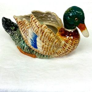 Vintage 10” ceramic mallard duck hand painted large planter Japan